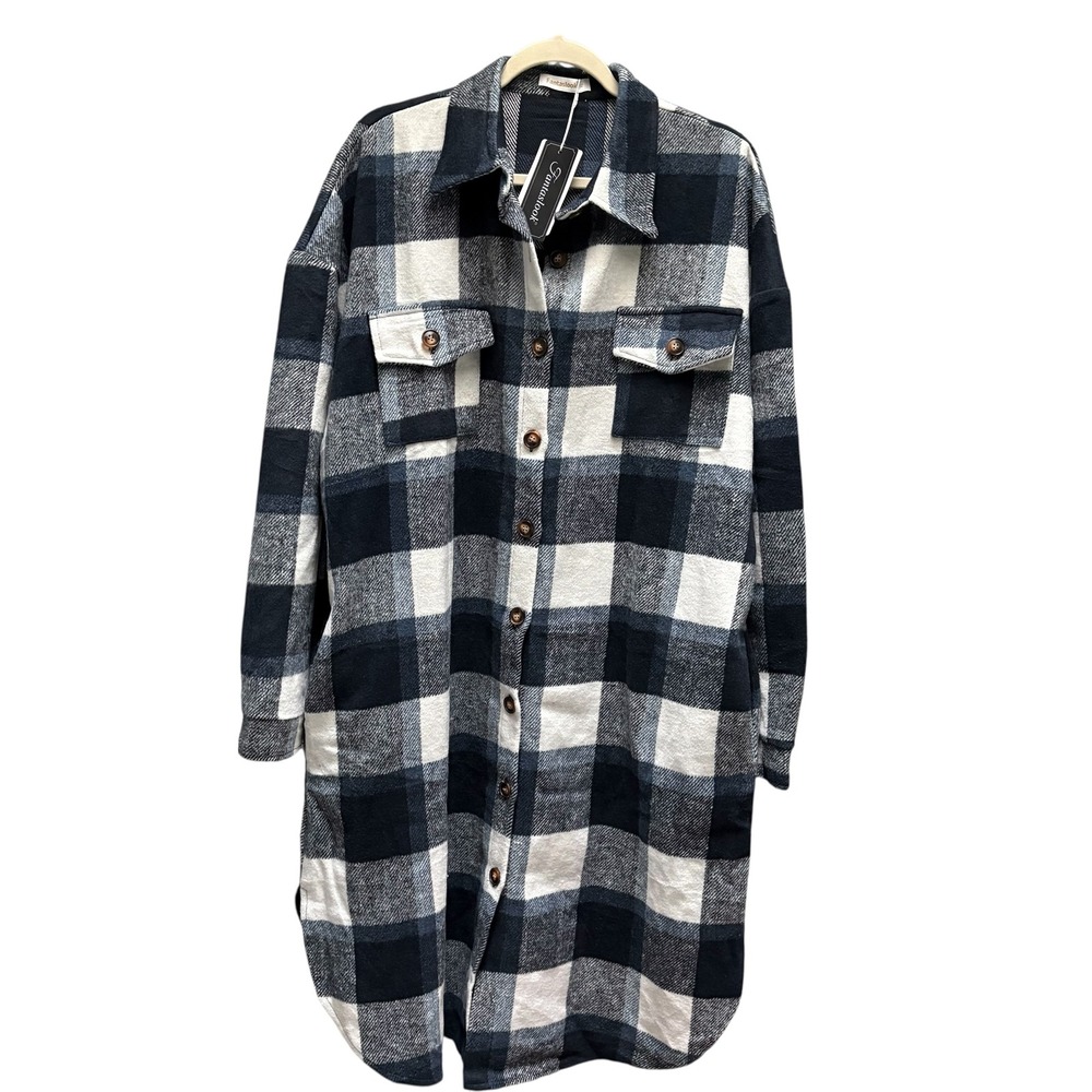 Fantaslook Womens Longline Buffalo Plaid Shacket Navy Blue White Size XL‎ NEW